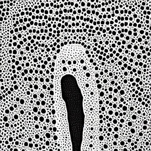 Image similar to pointilism, black and white, dot art, dark, ominous, hooded figures, faceless people, asymmetrical, in style of old painting