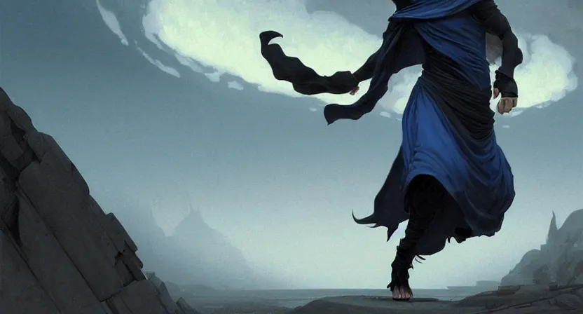 Prompt: tiny male mage running away from a giant skull, black hair wearing hooded gothic blue robe, bone mountain, movie action still frame, ultra wide horizon, intricate, elegant, highly detailed, hyperrealism, digital painting, concept art, smooth, sharp, focus, illustration, art by artgerm, greg rutkowski, ilya kuvshinov, alphonse mucha