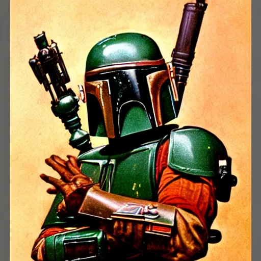 Image similar to ultra realistic tattoo of boba fett, art by frank frazetta, 4 k, ultra realistic, highly detailed, epic lighting