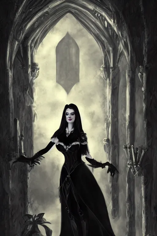 Prompt: digital painting, 8k, fantasy concept art, warm lighting, high detail beautiful Lily Munster in a gothic castle