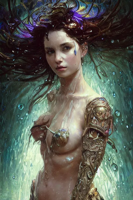 Prompt: portrait of a beautiful woman wearing a warrior armor, drenched body, wet dripping hair, emerging from the water, fantasy, regal, fractal crystal, fractal gems, by stanley artgerm lau, greg rutkowski, thomas kindkade, alphonse mucha, loish, norman rockwell.