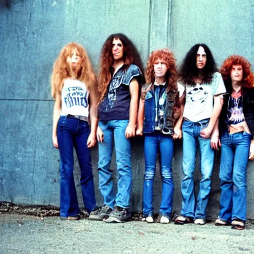 Image similar to group of 1 9 - year - old girls with shaggy wavy hair, wearing double denim, heavy metal band promo, thrash metal band promo, heavy rock band promo photo, 1 9 8 7 photo