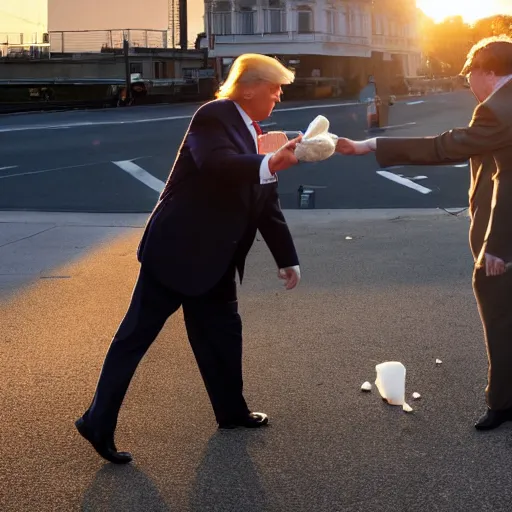 Prompt: donald trump throwing pudding onto passerby, golden hour, boardwalk