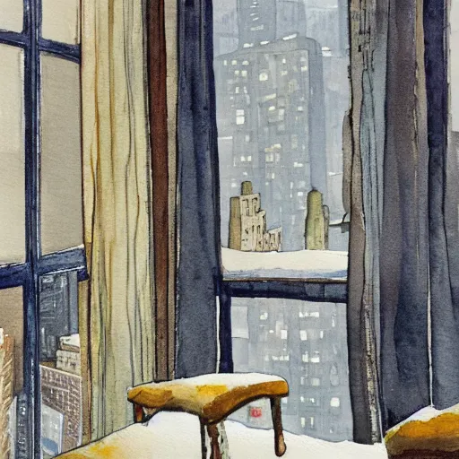 Image similar to modern loft overlooking central park in a blizzard, in watercolor gouache detailed paintings with white oil lines, moebius, art nouveau