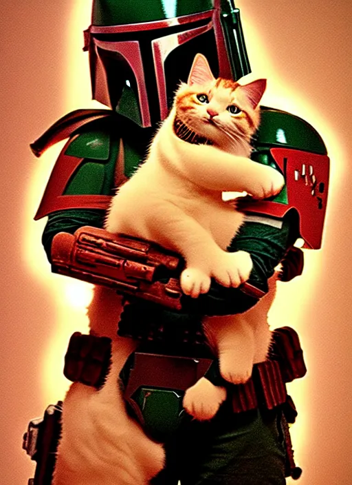 Prompt: boba fett holding a fat ginger cat in his arms, star wars, beautiful glowing lights, sci - fi, stunning, intricate, elegant. highly detailed, film still.