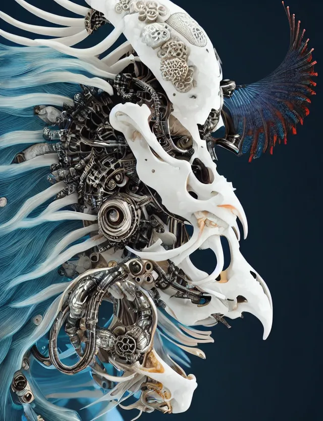 Image similar to 3 d goddess cyborg close - up profile portrait with ram skull. beautiful intricately detailed japanese crow kitsune mask and clasical japanese kimono. betta fish, jellyfish phoenix, bio luminescent, plasma, ice, water, wind, creature, artwork by tooth wu and wlop and beeple and greg rutkowski