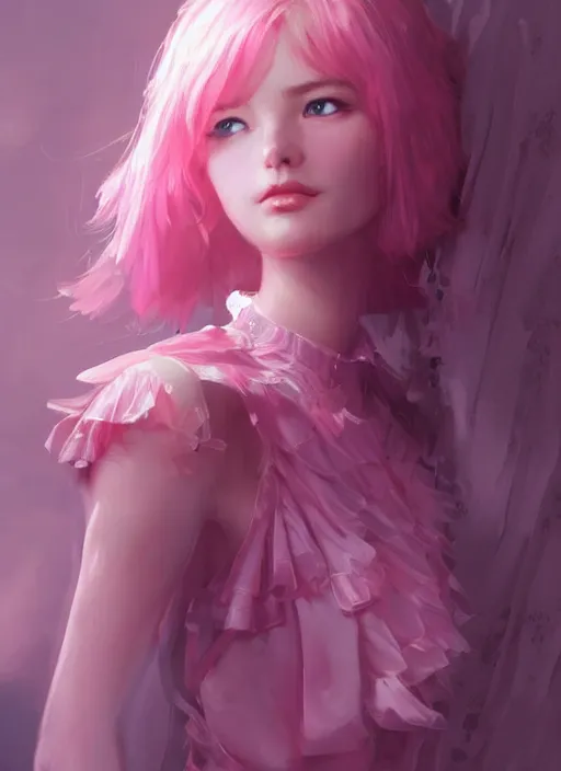 Prompt: pink dress, beautiful girl, fantasy, han so - hee, friendly, pure, perfect face, blue eyes, highly detailed, masterpiece, artstation, art by emika lightweaver and antoine collignon and akihiko yoshida