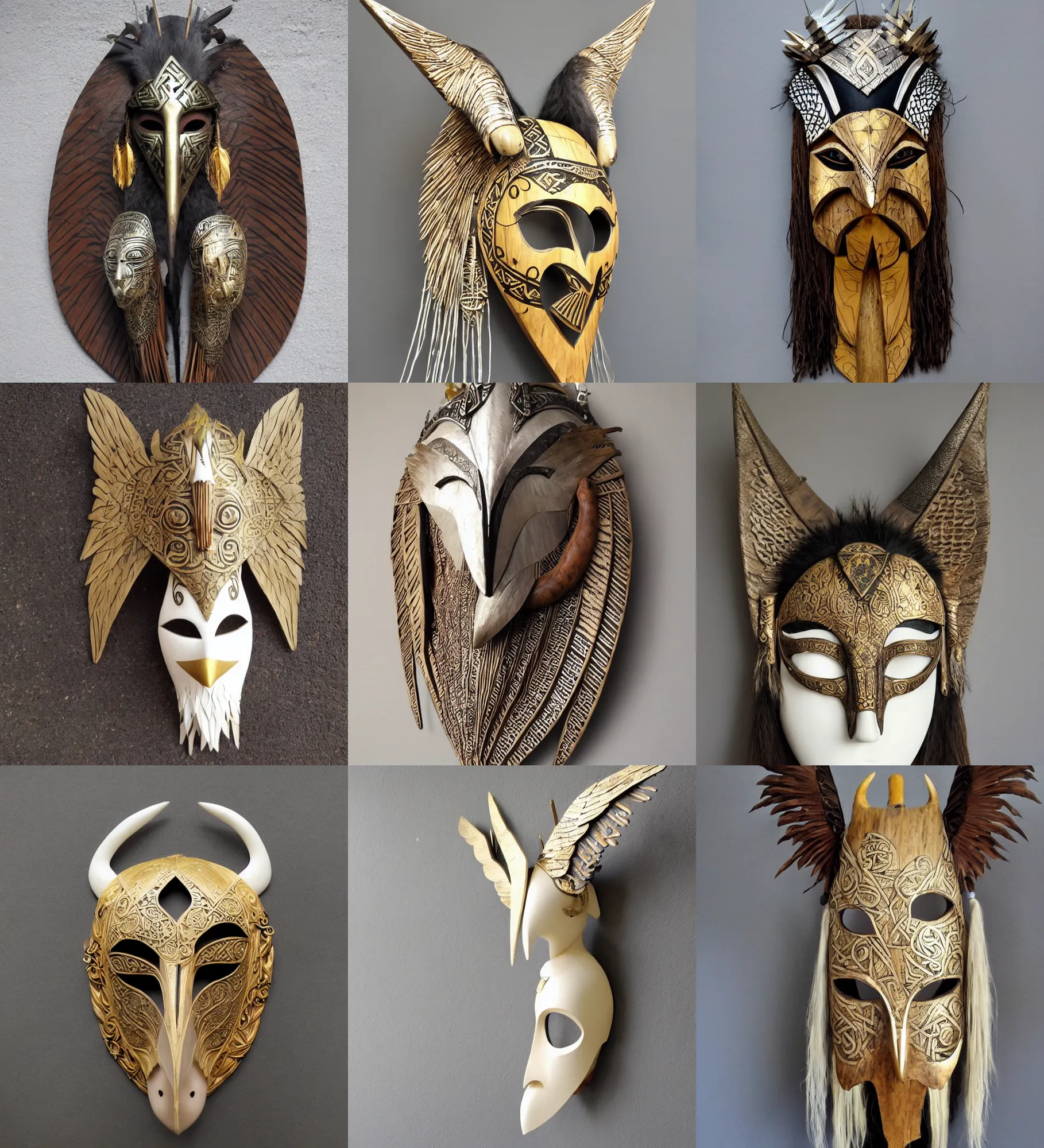 Prompt: viking shaman, african mask, asian female, boho style, wood clay marble ivory crow swan eagle wings head eyes bamboo, golden and silver jewerly Art nouveau, low poly, pattern, modern sculpure