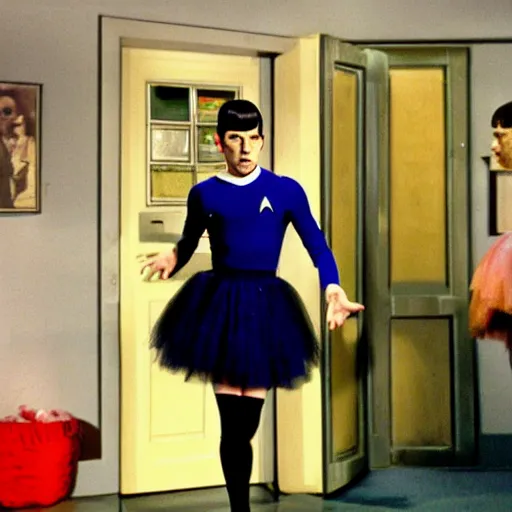 Image similar to color photo of spock in a tutu exiting the tardis