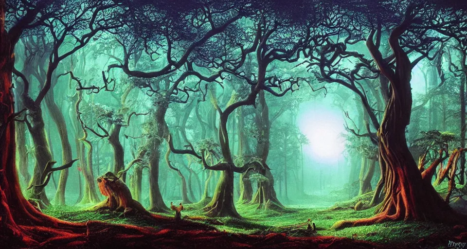 Prompt: Enchanted and magic forest, by David A. Hardy