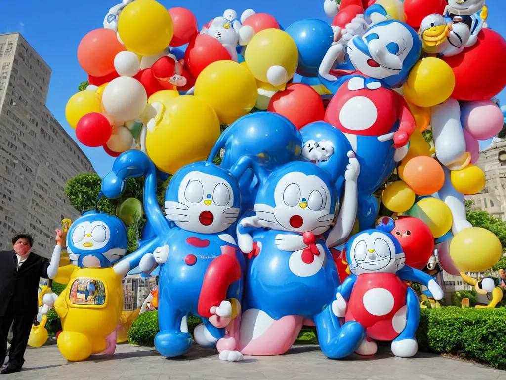 Image similar to Jeff Koon’s Doraemon Dorami Bubbles statue, painted by Botero