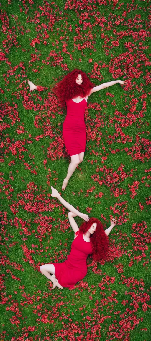 Prompt: aerial view of a woman with curly red hair laying in a field of flowers, highly detailed, drone photography, landscape photography, photorealism, smooth 4k