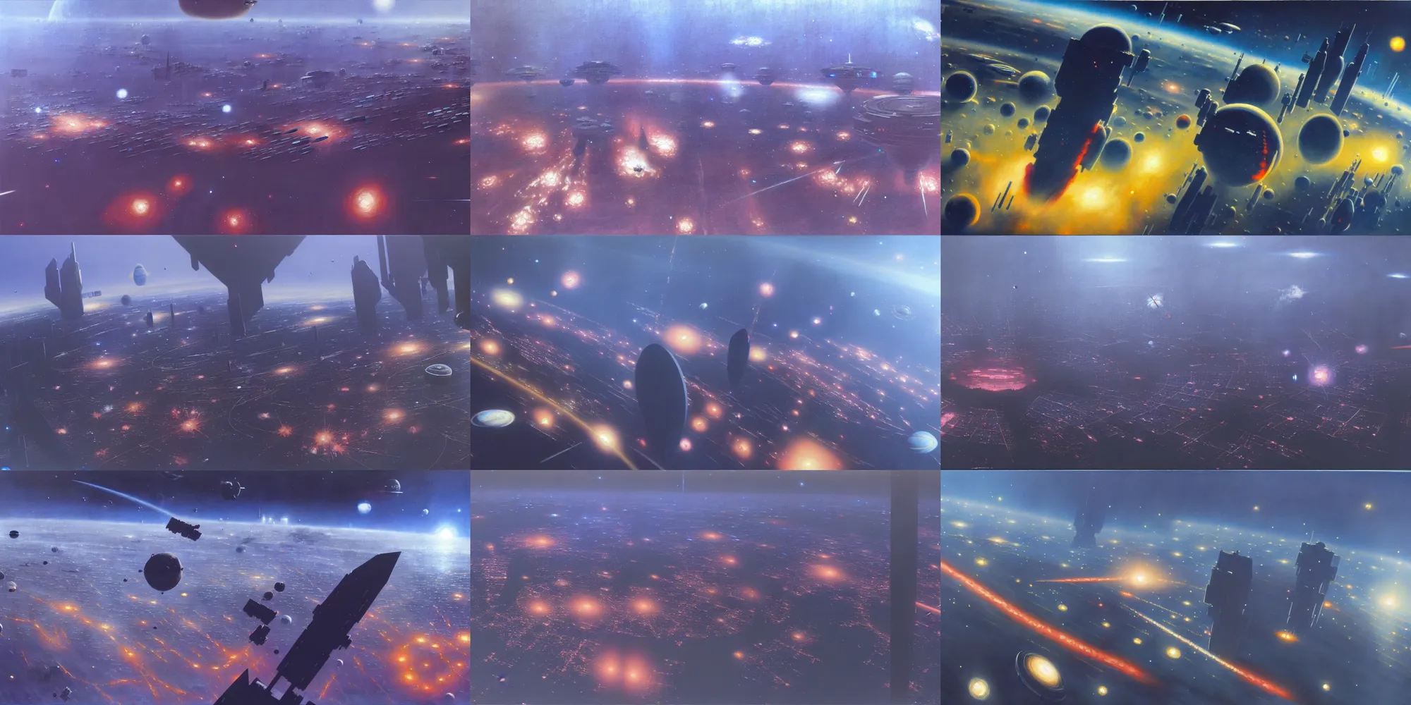 Image similar to a painting of low earth orbit space city under war, by john harris. ultra clear detailed. 8 k