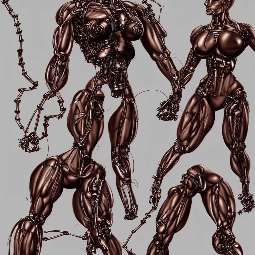 Prompt: character design, bodybuilder female terminator, open mechanical, electronics, veins, cables, rust, sparks