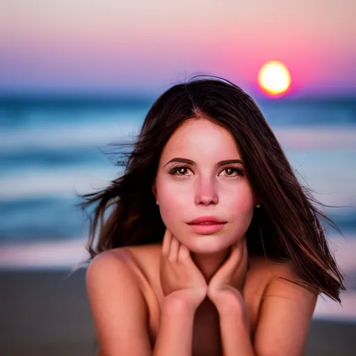 Image similar to portrait of a brunette girl on the beach, sunset, photo for instagram, photorealistic, sharp focus, highly detailed. photo taken with a canon eos 8 0 d iso 2 0 0