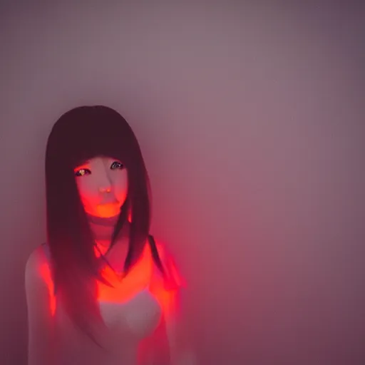 Prompt: photograph of an alternative japanese girl, dark red and white lights, anime influenced, hihgly detailed, hyper realistic, volumentric fog, raytracing