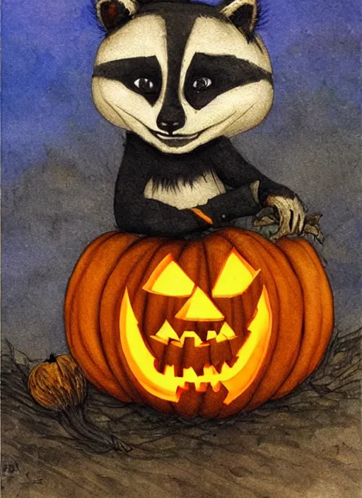 Image similar to halloween pumpkin in the shape of a raccoon by Rebecca Guay art, high quality, highly detailed,