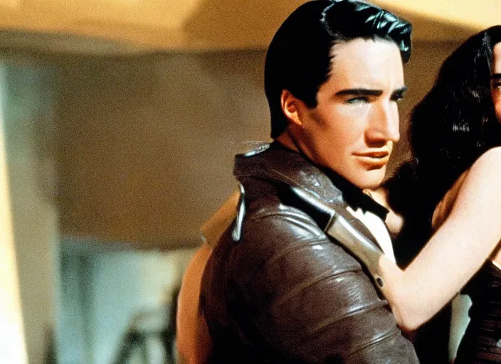 Image similar to a color movie still from the modern film the rocketeer featuring young jennifer connelly in her role as jenny blake ; color