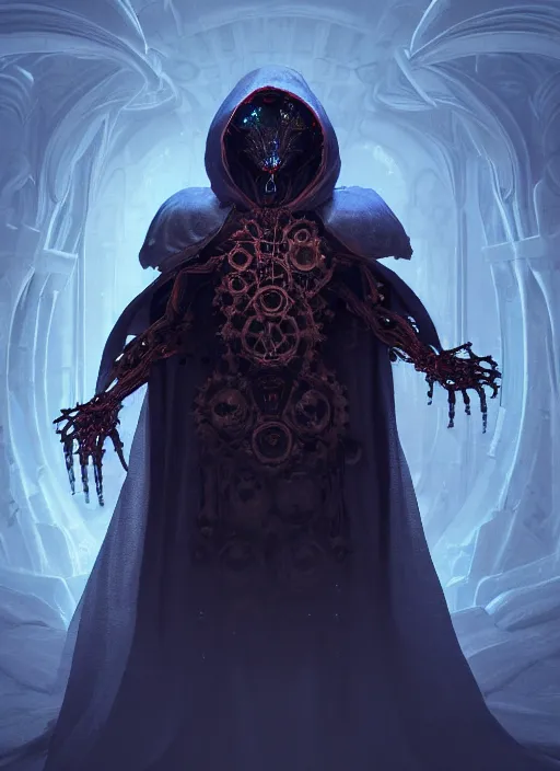 Prompt: character and environment design, ( ( biomechanical ) ) archanist surrounded by perfect round otherworldly dreamy spheres, tattered!!! beautiful robe and hood, blue light, fog, scary, arrogant, hostile, photorealistic, cinematic, hyper realistic, octane render, 8 k, wide angle