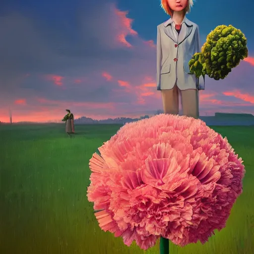 Image similar to giant carnation flower head, frontal, girl in a suit, surreal photography, sunrise, dramatic light, impressionist painting, digital painting, artstation, simon stalenhag