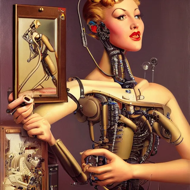 Prompt: robot artist painting a self - portrait on a canvas. intricate, highly detailed, digital matte painting in the style of gil elvgren and in the style of h. r. giger and in the style of anna dittmann. irony, recursion, inspiration.