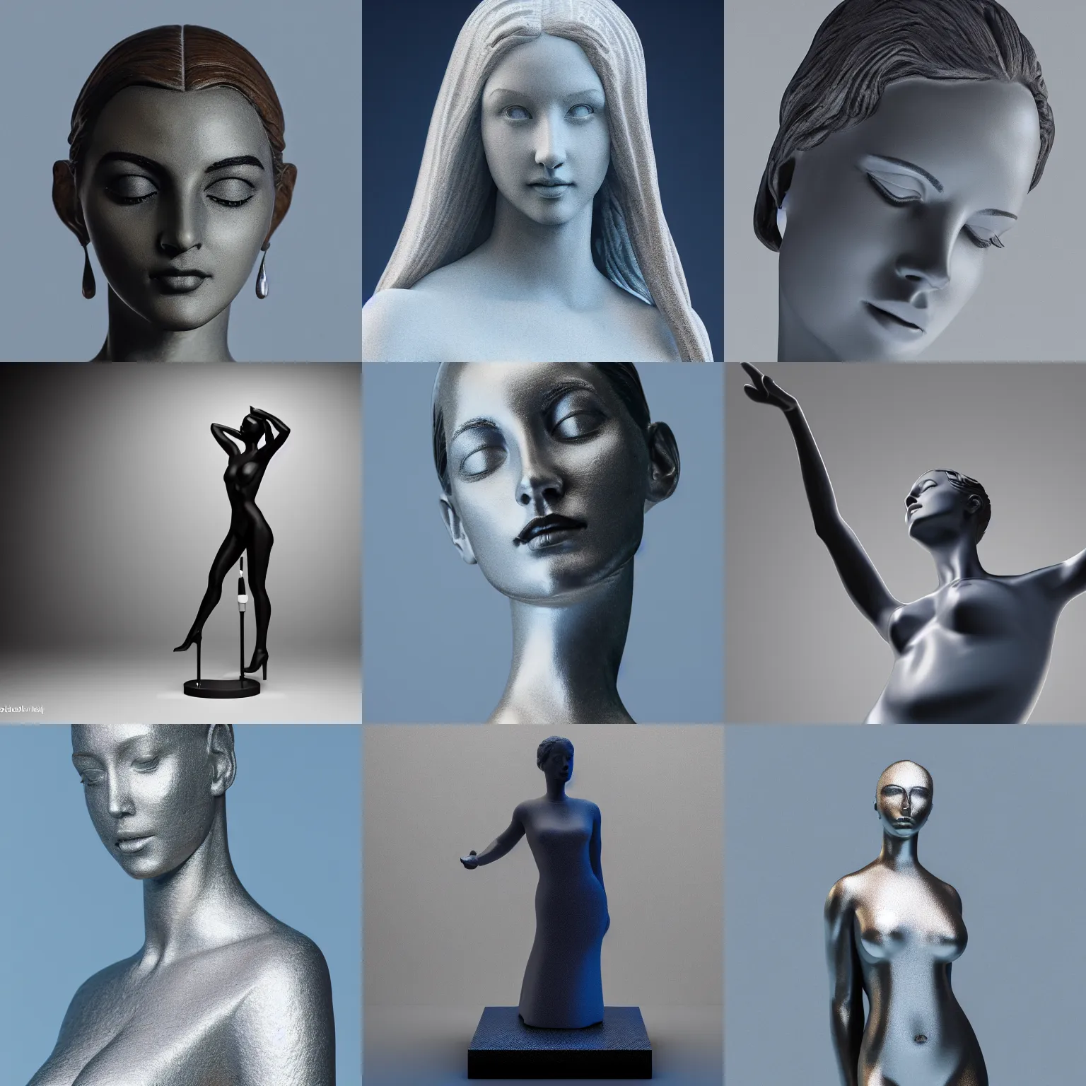 Prompt: ( statue of the perfect woman ) designed by apple, studio photo, white backdrop, studio light, solid works, octane render, macro shot, in focus, dept of field, silver, blue, black design