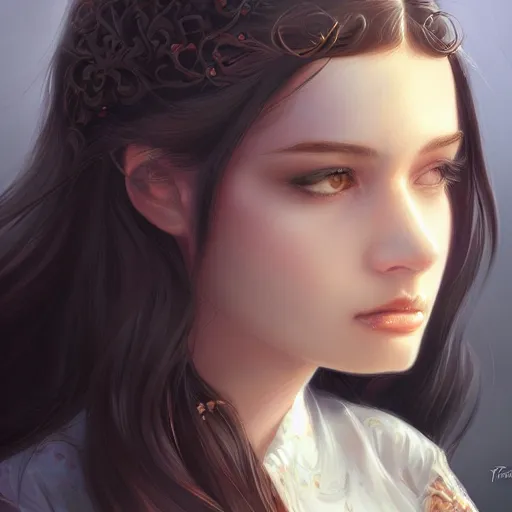 Image similar to teen girl, long black hair, gorgeous round face, brown pollover, amazing, elegant, intricate, highly detailed, digital painting, artstation, concept art, sharp focus, illustration, art by ross tran