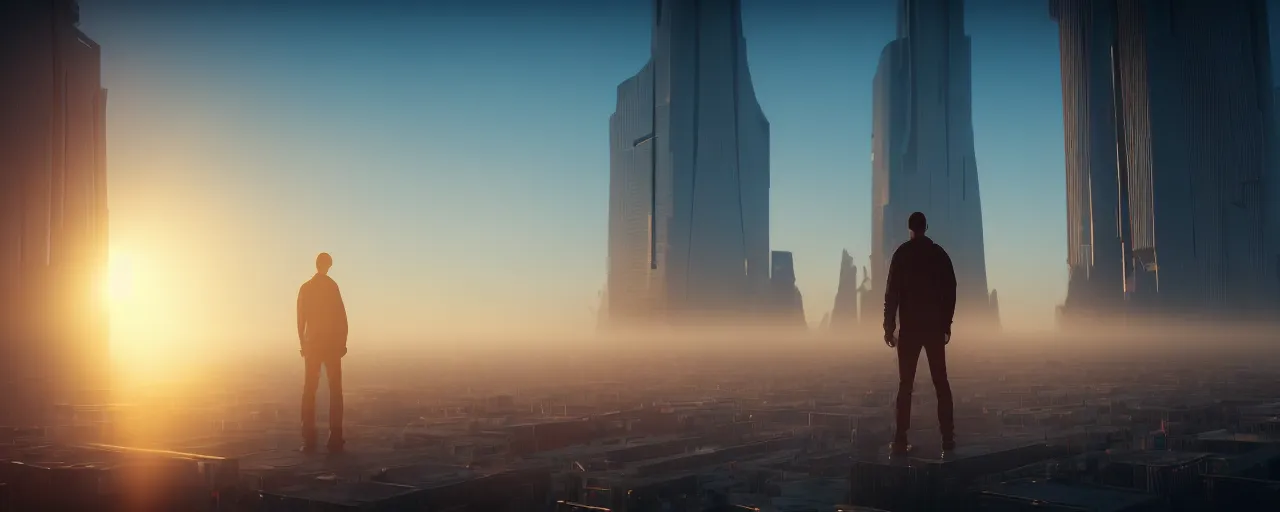 Prompt: man staying on the build edge and watching sunset over big futuristic city, high detailed, unreal engine, depth of field, fog