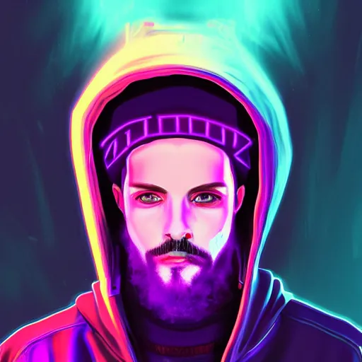 Image similar to a portrait of an ultradetailed futuristic cyberpunk wearing a hoodie on his head, bearded, deep blue eyes, by dylan kowalski, 8 k, purple neon colours, digital painting