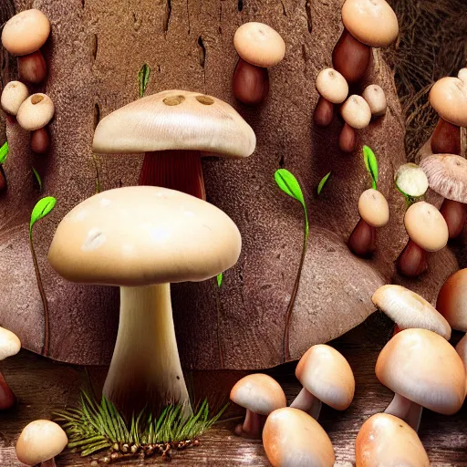 Prompt: macro photo with a mushroom character with cute eyes, natural colors, painted patterns and coloring on mushrooms, 8K, highly detailed