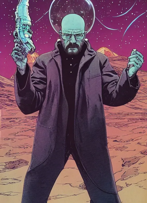 Prompt: Walter White as badass space wizard in retro science fiction cover by Moebius, vintage 1960 print, detailed, trending on artstation, hyper realistic