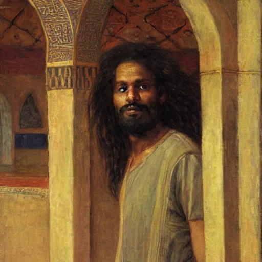 Image similar to a man with somali facial features, long curly hair, on a simple background, inside a masjid, by frederick arthur bridgman