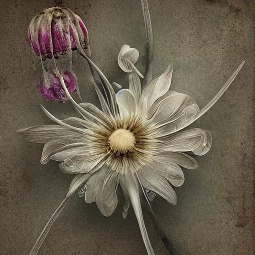 Image similar to The computer art is a beautiful and haunting work of art of a series of images that capture the delicate beauty of a flower in the process of decaying. The colors are muted and the overall effect is one of great sadness. knitting patterns by Craola meticulous