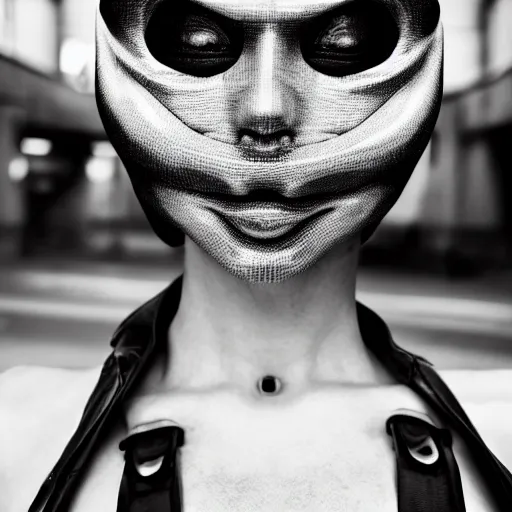 Prompt: fashion photography of an extraterrestrial model with the mouth open, wearing demobaza fashion, inside berghain, berlin fashion, harness, futuristic fashion, dark minimal outfit, photo 3 5 mm leica, hyperdetail, berghain, 8 k, very detailed, photo by nick knight