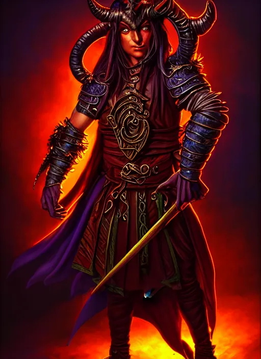 Image similar to tiefling bard, full body, hyper realistic, extremely detailed, dnd character art portrait, dark fantasy art, intricate fantasy painting, dramatic lighting, vivid colors, deviantart, artstation, by jeff easley.