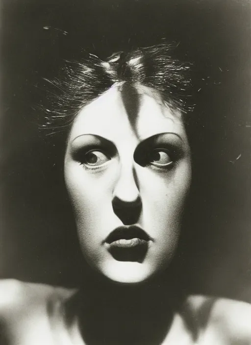 Image similar to female head in a aquarium, lights caustic, tropical fish, surreal photography by Man Ray and Claude Cahun