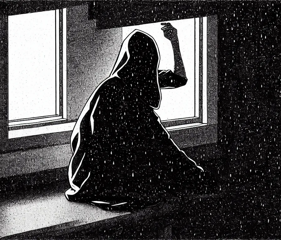 Prompt: sadie sink in hoodie sits on windowsill, knees tucked in | rain falls at night : single storyboard panel, scifi cyberpunk, b & w. by gabriel hardman, joe alves, chris bonura. cinematic atmosphere, detailed and intricate, perfect anatomy