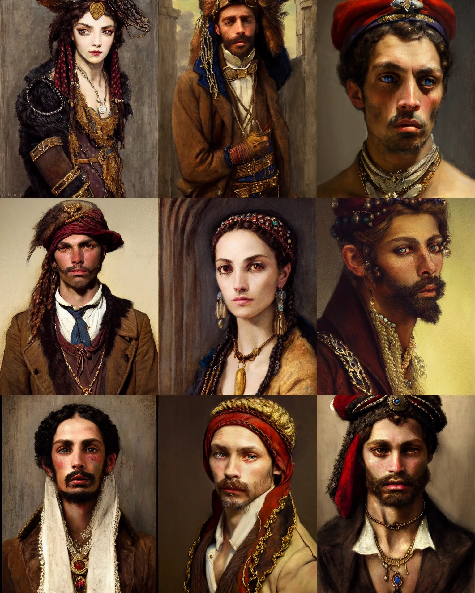 Prompt: a realistic portrait of the brave 19th century thief of ancient jewels in cape by Reynold Brown and Zeen Chin and Gustave Moreau, cadet and caput-mortuum colour scheme, perfect faces, dark, trending on artstation, details, intricate