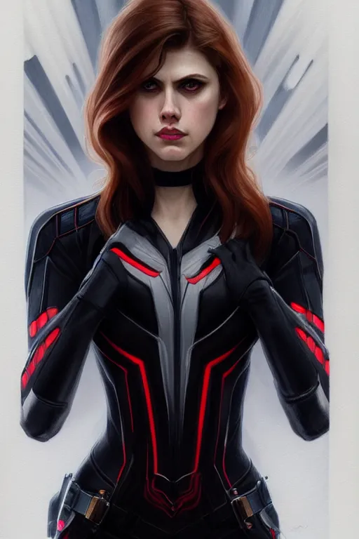 Image similar to alexandra daddario as black widow, realistic portrait, symmetrical, highly detailed, digital painting, artstation, concept art, smooth, sharp focus, illustration, cinematic lighting, art by artgerm and greg rutkowski and alphonse mucha