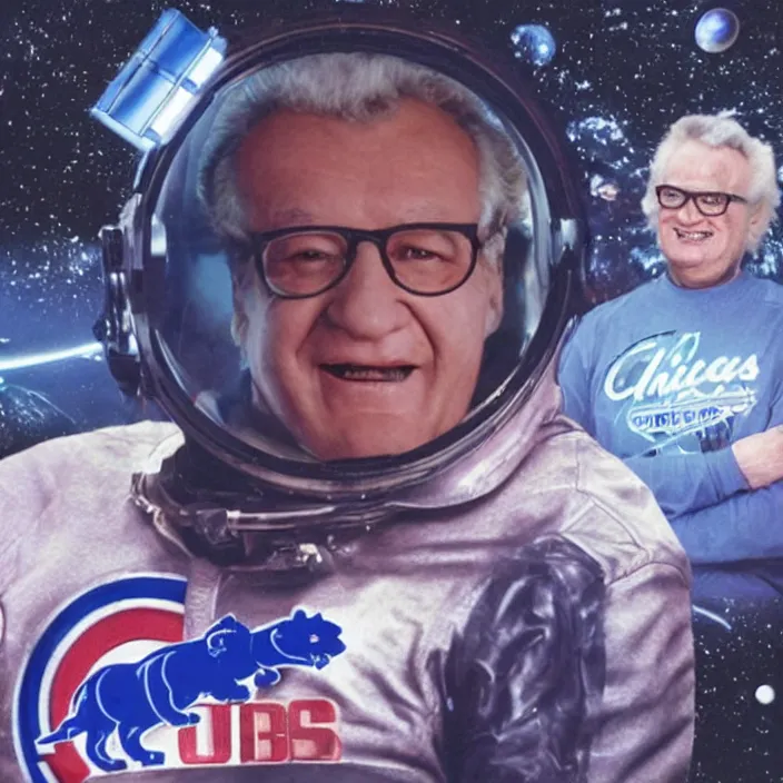 Image similar to a sci - fi hologram of chicago cubs announcer harry caray in space, universe, lasers, galaxy, cyberpunk