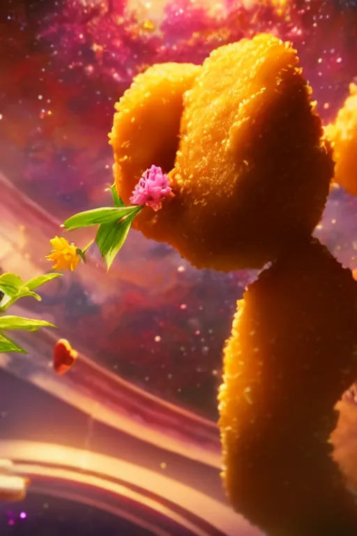 Image similar to A flower eating a chicken nugget in space. ArtStation. Octane render