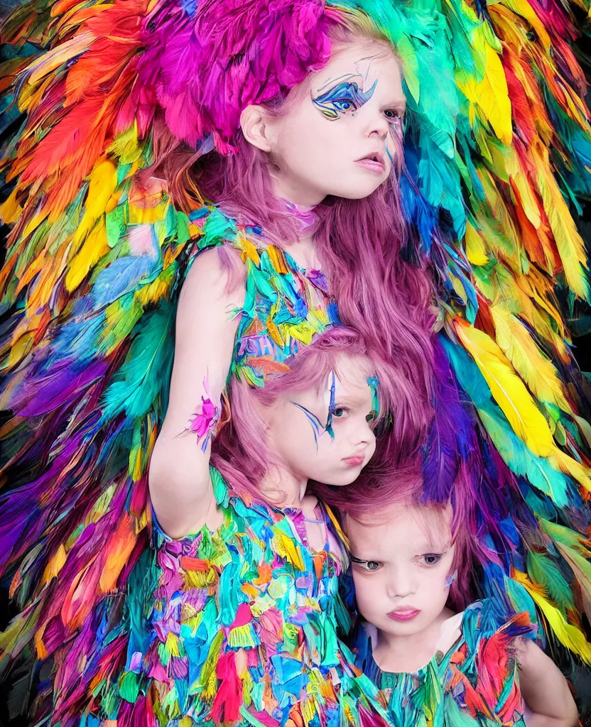 Prompt: little girl with eccentric hair wearing a dress made of colorful feathers, anatomically perfect, concept art, smooth