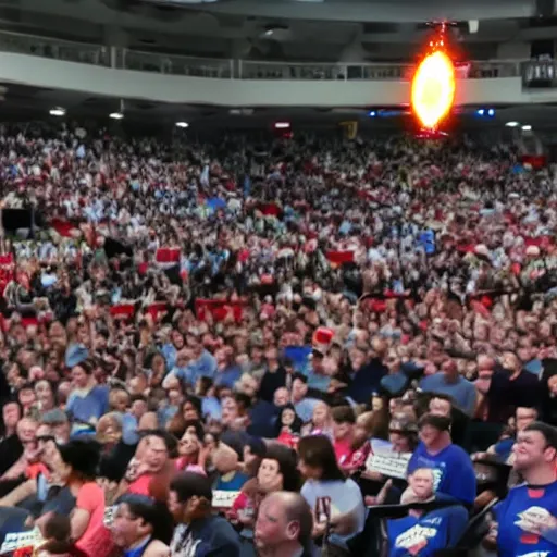 Prompt: muscular super saiyan president bernie sanders charging his spirit bomb above large audience documentary photograph wide angle anamorphic