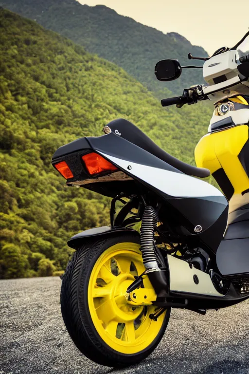 Image similar to yamaha dio with yellow, carbon and white paintjob, mountainroad background, midday, 5 0 ccm engine, race style, custom scooter, dslr, 8 5 mm, f / 1. 3