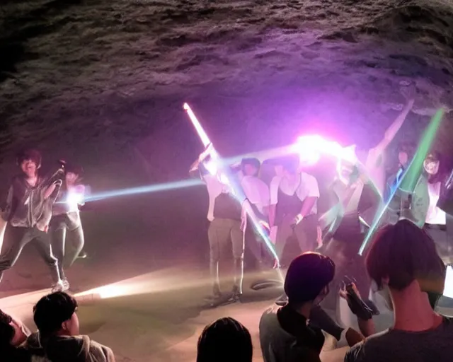 Prompt: neolithic cave gig, generic kpop boy band, lasers, smoke machine, cdx