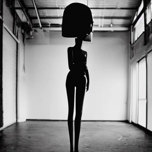 Prompt: empty warehouse room with a lone fashionable mannequin girlfriend in front of the camera cinestill 7 0's film