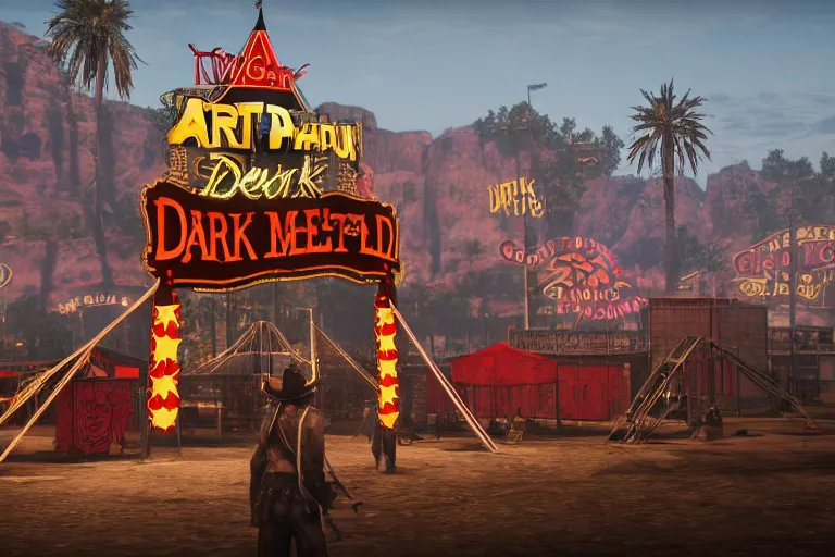 Image similar to 3d sculpt of an arched sign for a circus called 'the dark metal carnival', red dead redemption2, las vegas, artstaton, digital illustration