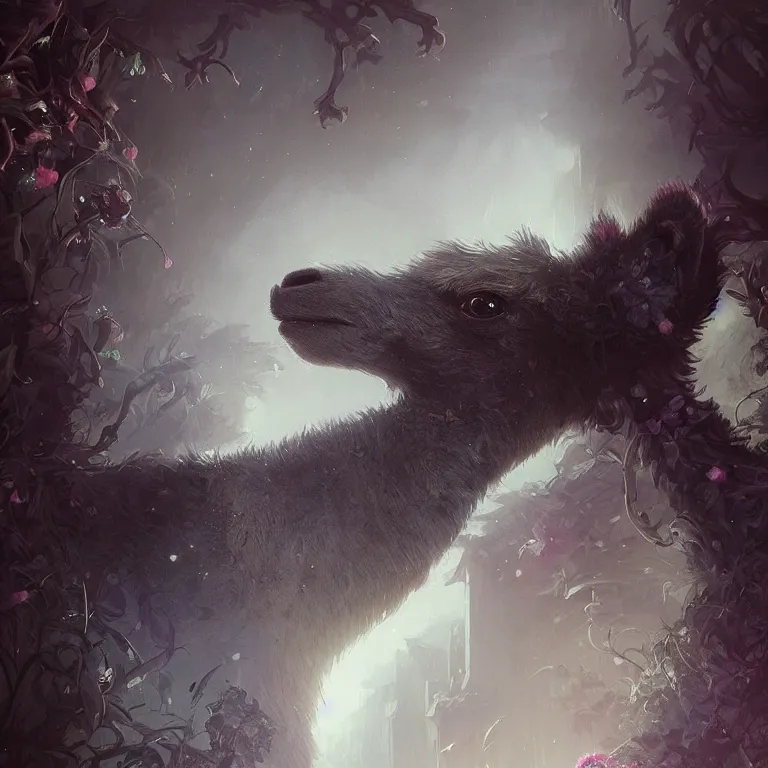 Image similar to highly detailed portrait of emo alpacas, eyeshadow, goth makeup, piercings, unreal engine, dark fantasy art by greg rutkowski, loish, rhads, ferdinand knab, makoto shinkai and lois van baarle, ilya kuvshinov, rossdraws, tom bagshaw, alphonse mucha, global illumination, radiant light, detailed and intricate environment