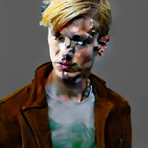 Image similar to A videogame portrait of a blond young Irish man. Male model. Dressed in 1980s style. Highly detailed, fine Art, high detail, great lighting, 8k resolution, masterpiece, concept art, illustration, clear eyes, painting oil on canvas, octane render, HDR, trending on artstation, 4k, 8k, HD