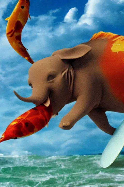 Image similar to close up still shot of young aang surfing on an elephant koi fish, from the live action movie the last airbender, 3 5 mm, highly detailed, dynamic lighting